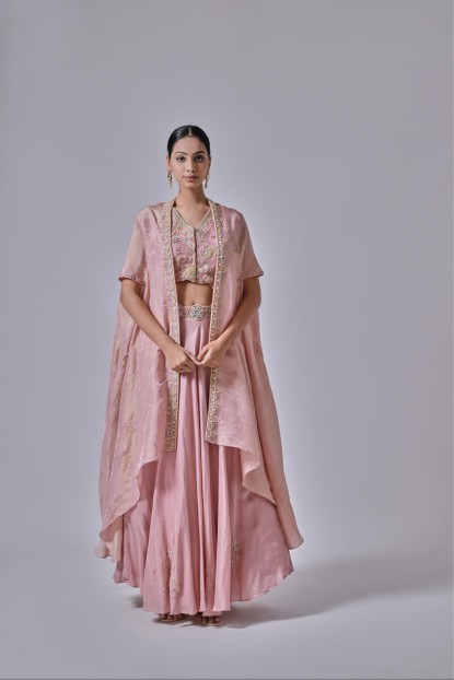 Sparkling Elegance: A Shimmering Top, Skirt & Jacket Set in Peach colour